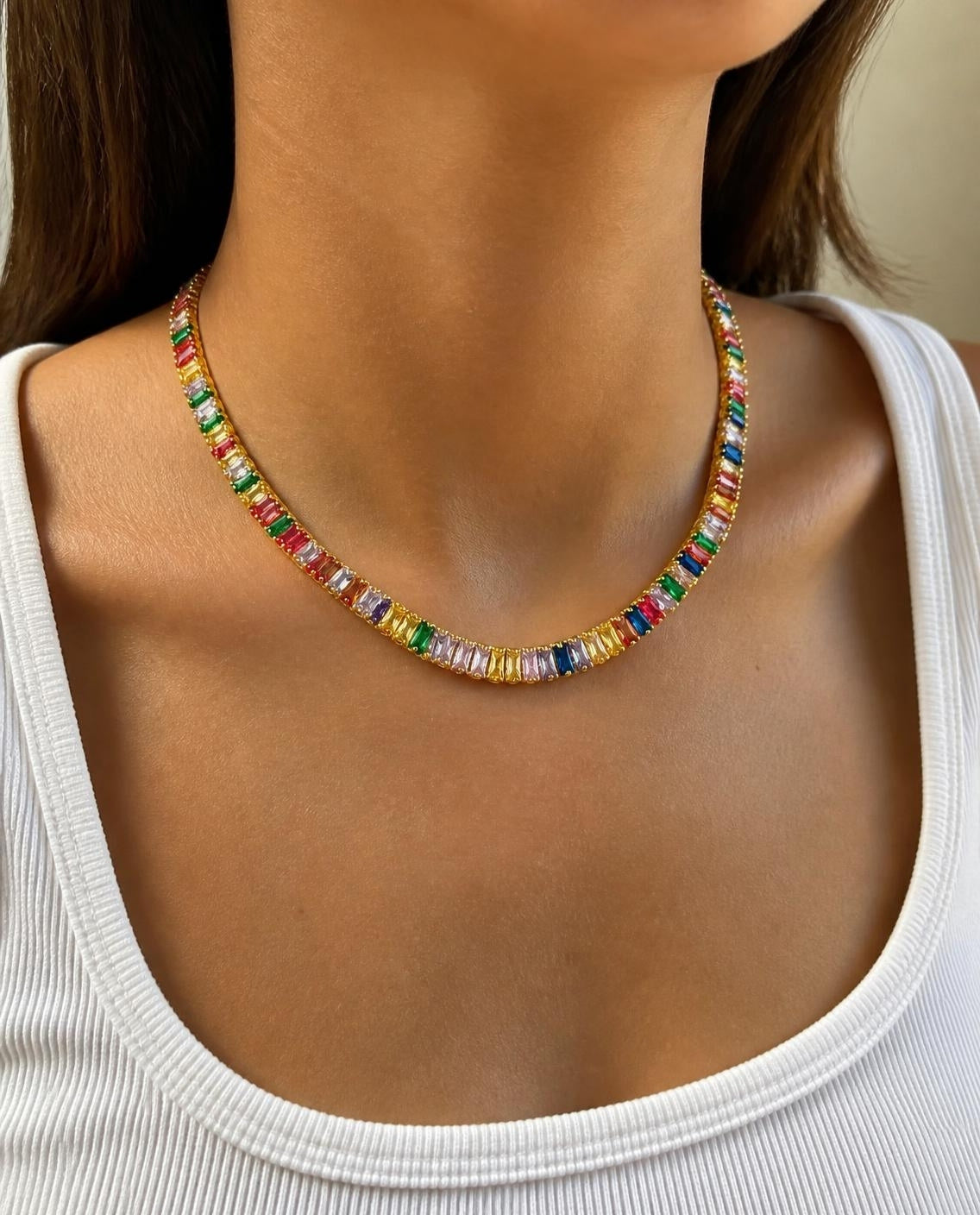 Cartagena Necklace worn with a white tank top