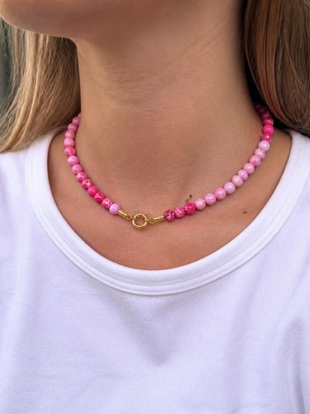The Fern Necklace pink worn – Gemmies