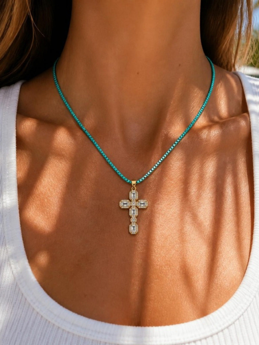 White Sapphire Florence Cross worn on the Turquoise Tahiti Chain – Gemmies