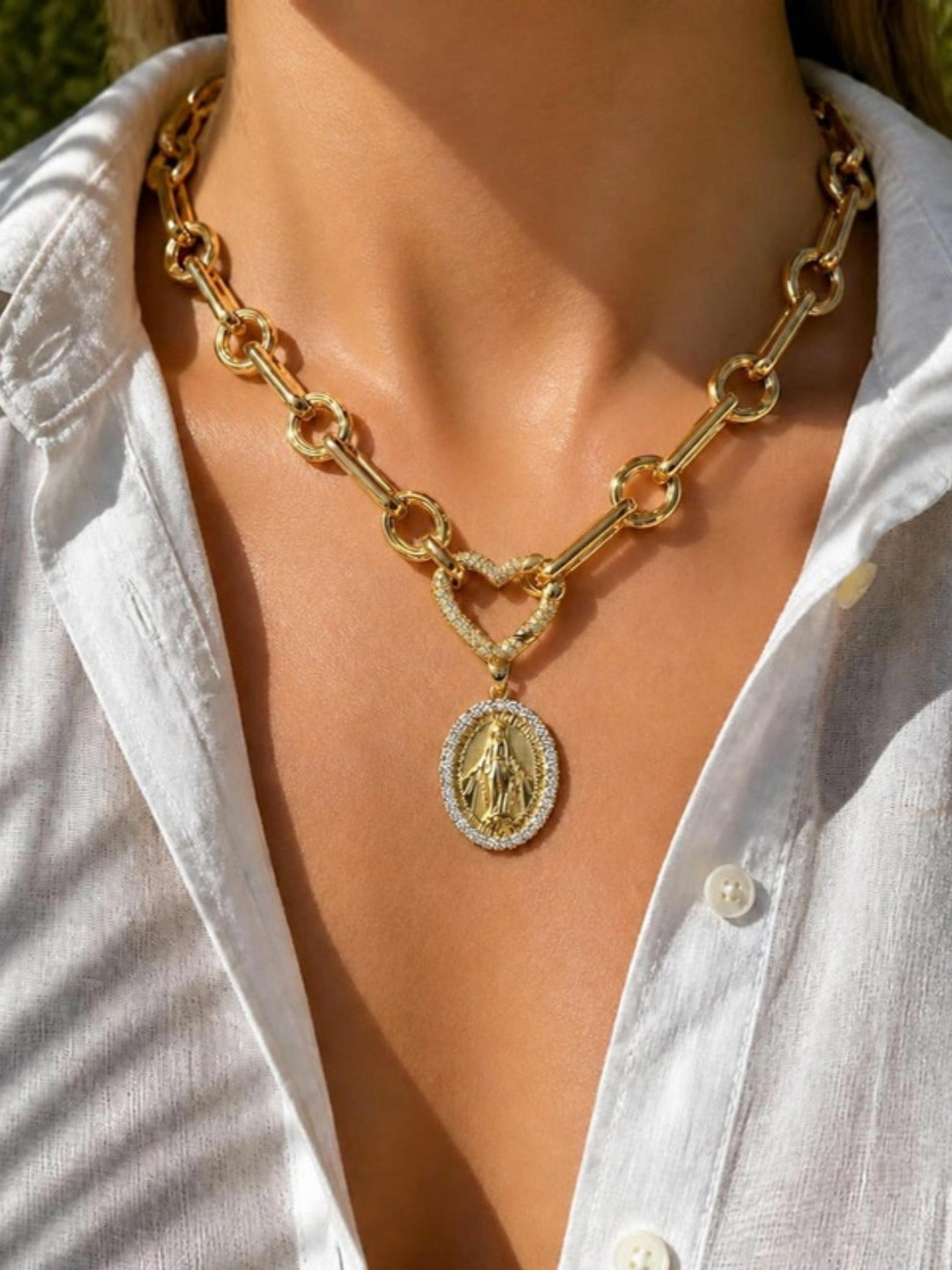 Barcelona Link Necklace worn with the Sorrento Heart Clasp and Lourdes Medallion – Gemmies