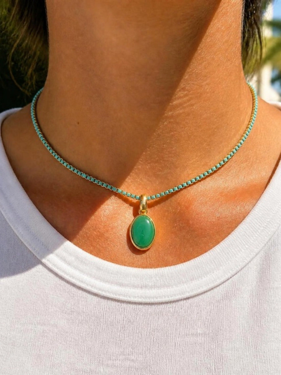 The Ingrid Pendant green quartz worn on the Teal Tahiti Chain – Gemmies