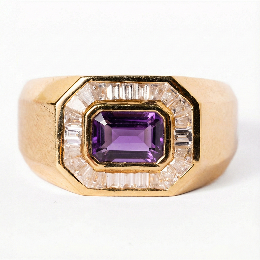Gold ring with a purple gemstone and diamond accents on a white background