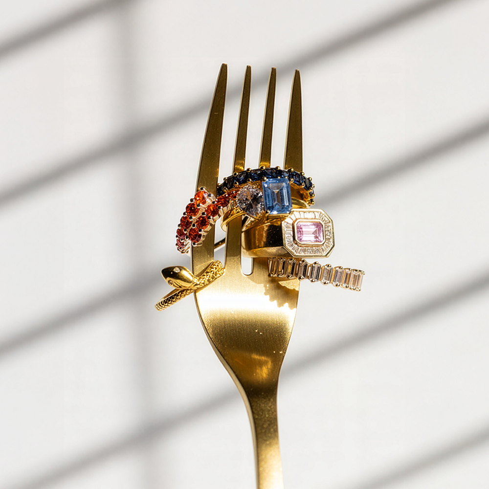 Gold fork with three rings featuring different gemstones on a white background