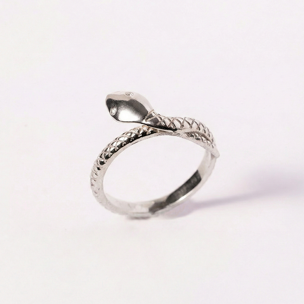 Silver ring with snake design on a white background