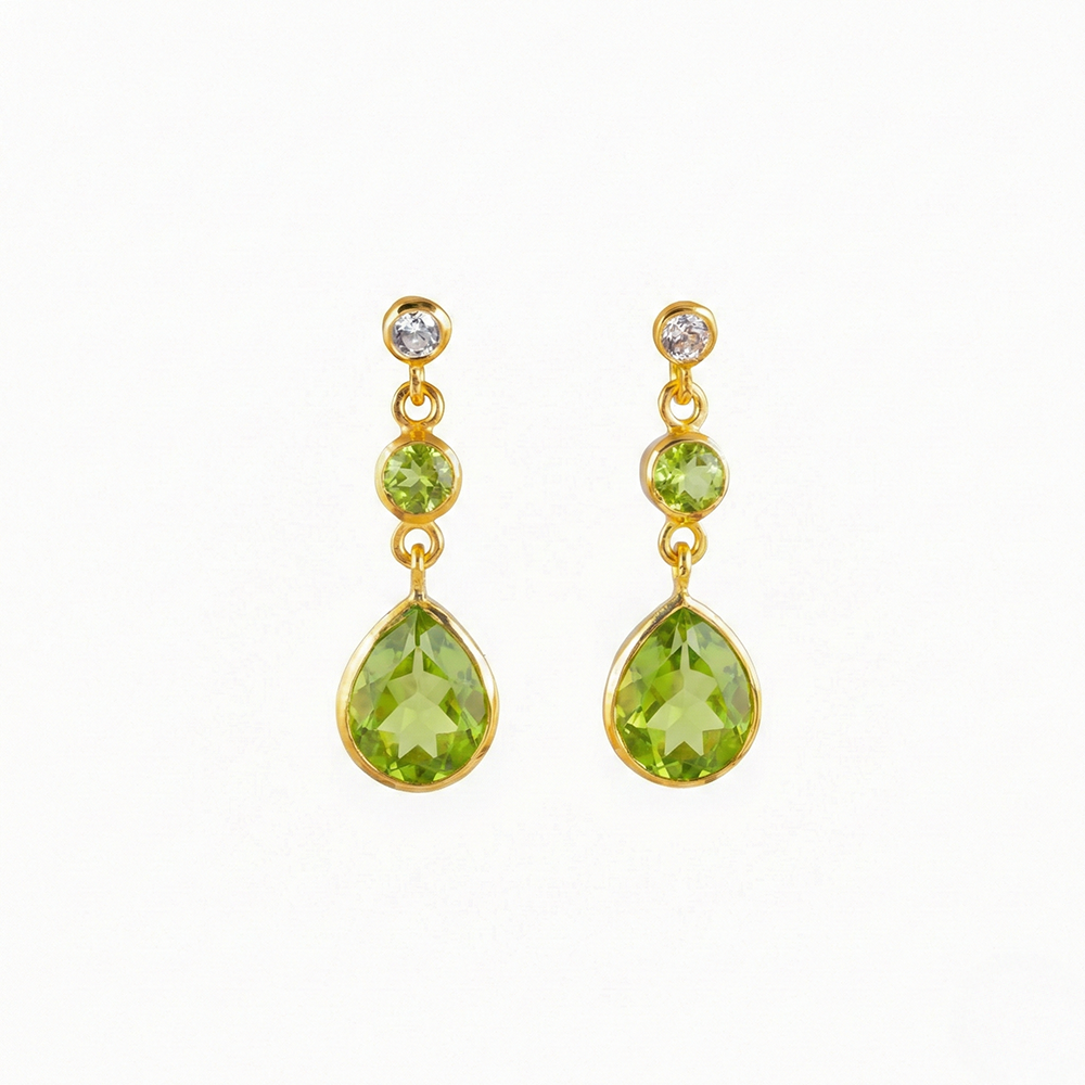 Pair of gold earrings with green gemstones on a white background