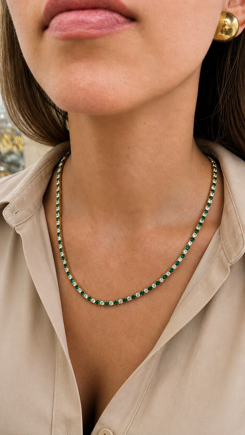 The Jodhpur Necklace in emerald worn on the neck