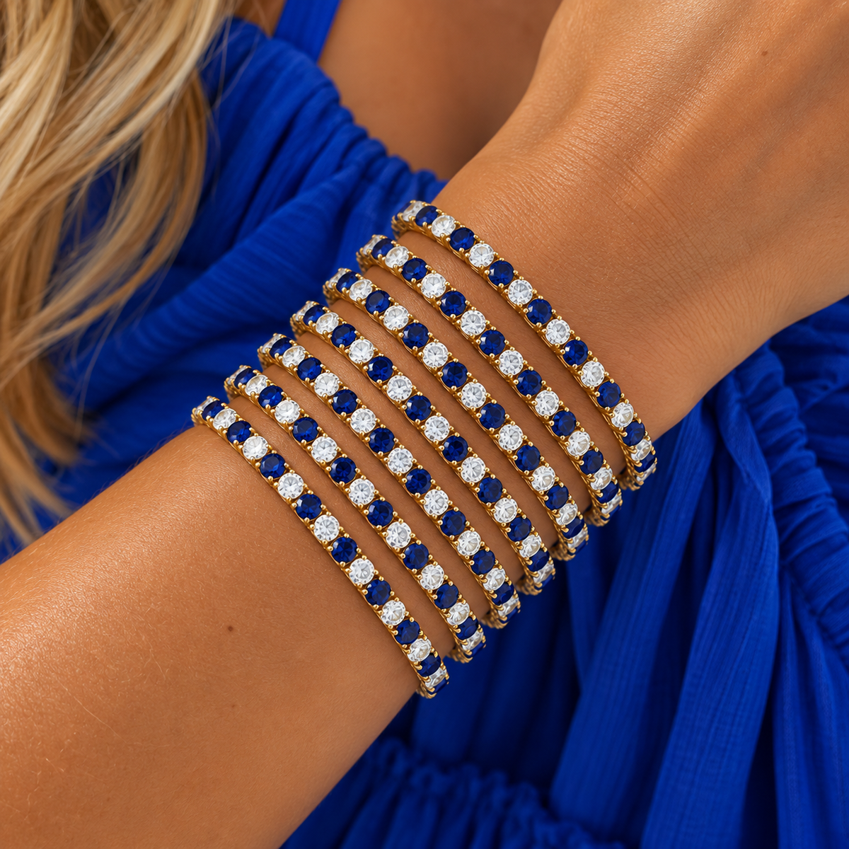 The Udaipur Bracelet in Sapphire, stacked on the wrist