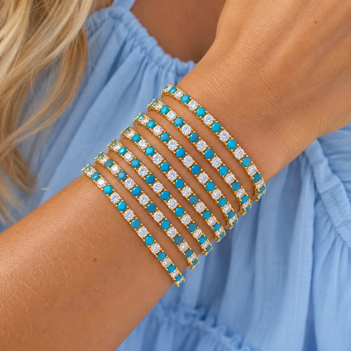 The Udaipur Bracelet in Turquoise, stacked on the wrist